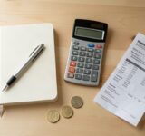 Budget familial sur une table en bois avec carnet, calculatrice, pièces de monnaie et facture d'énergie