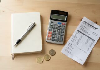 Budget familial sur une table en bois avec carnet, calculatrice, pièces de monnaie et facture d'énergie