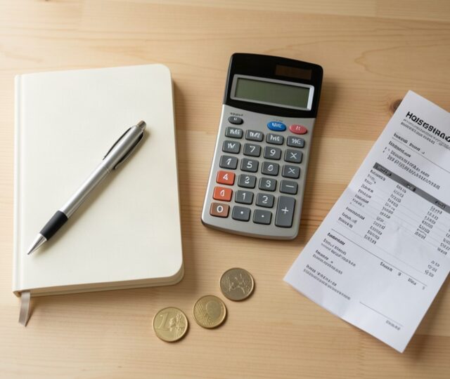 Budget familial sur une table en bois avec carnet, calculatrice, pièces de monnaie et facture d'énergie
