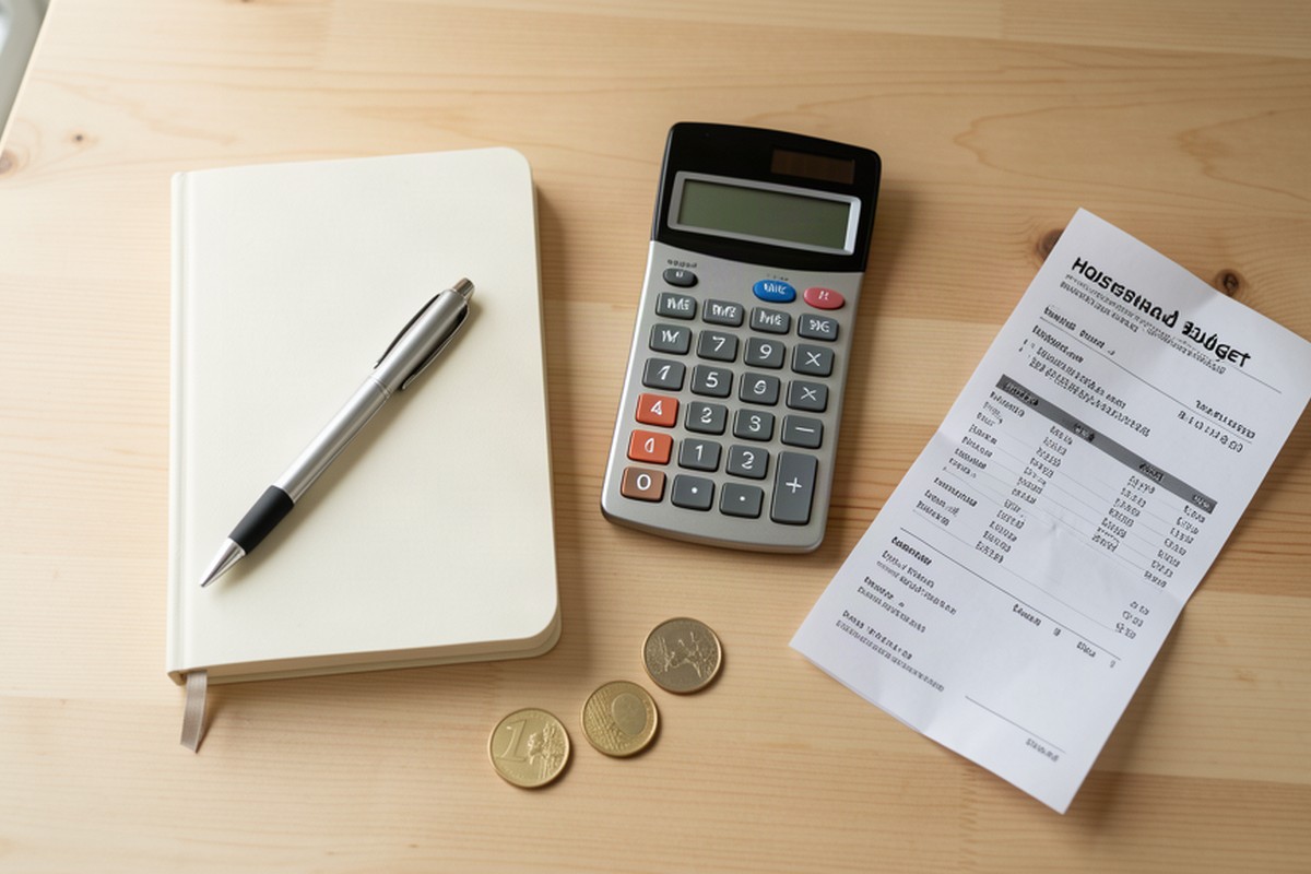 Budget familial sur une table en bois avec carnet, calculatrice, pièces de monnaie et facture d'énergie