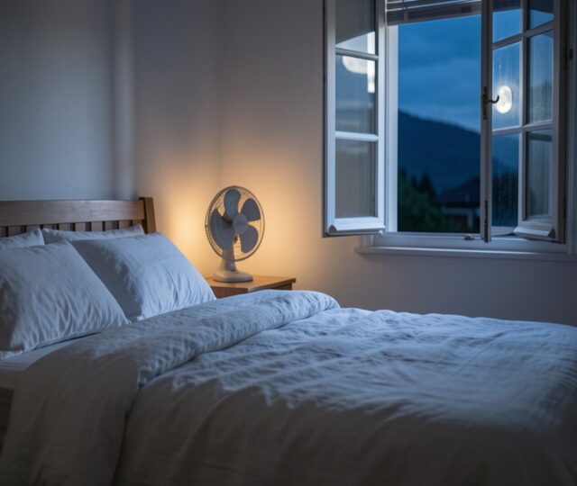 Chambre calme avec draps en lin et ventilateur pour mieux dormir pendant les nuits chaudes d'été