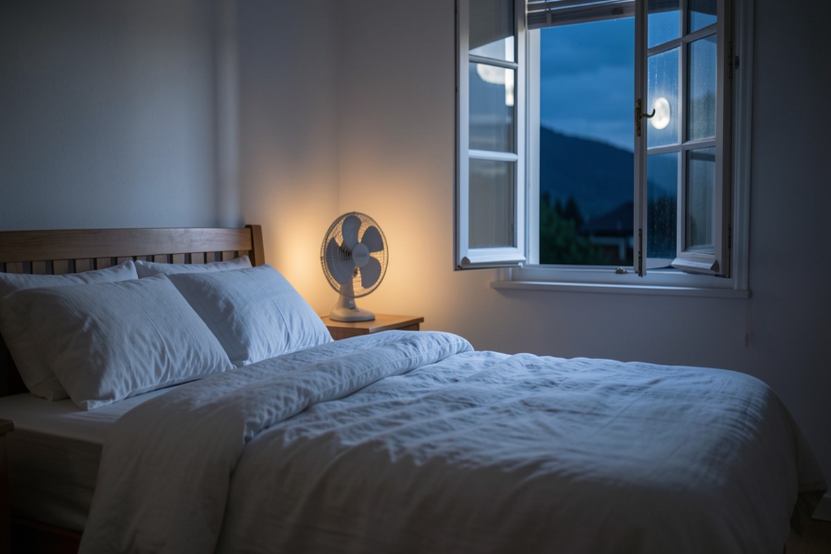 Chambre calme avec draps en lin et ventilateur pour mieux dormir pendant les nuits chaudes d'été