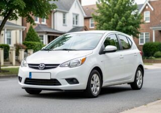 Petite citadine d'occasion propre garée dans une rue résidentielle calme
